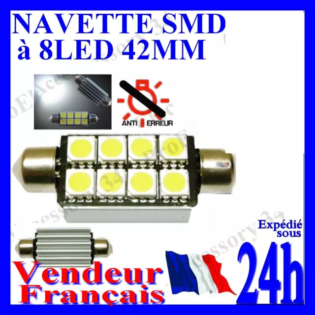 AMPOULE LAMPE NAVETTE C5W 42MM 12V 8 LED BLANC XENON PLAQUE PLAFONNIER interieur