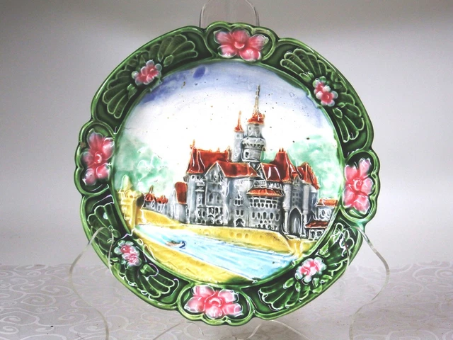 Vintage Majolica Austrian Hanging Plate w/ Relief Molded Castle by River 1890's