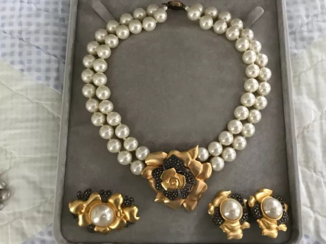 Judith Jack Pearl Necklace, Earrings and Brooch Suite