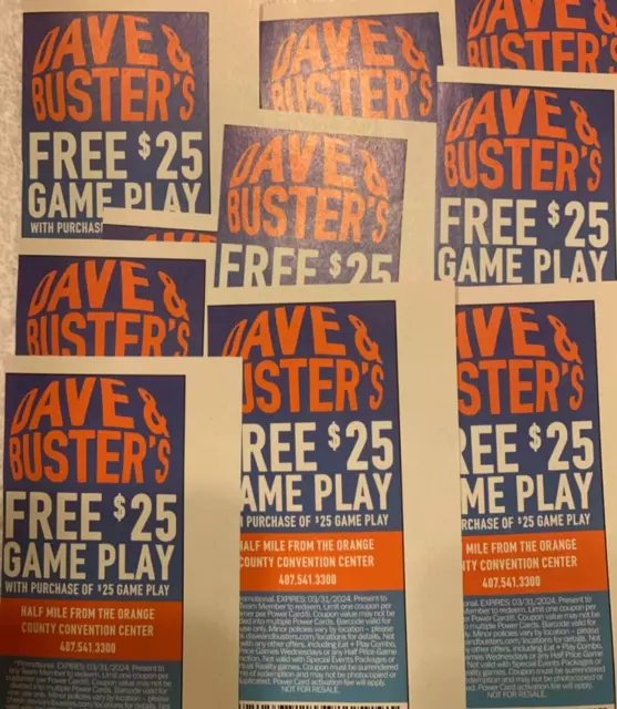 10 X DAVE AND BUSTERS $20 OFF GAME PLAY COUPONS (Expires 12/31/21) $12.99 -  PicClick