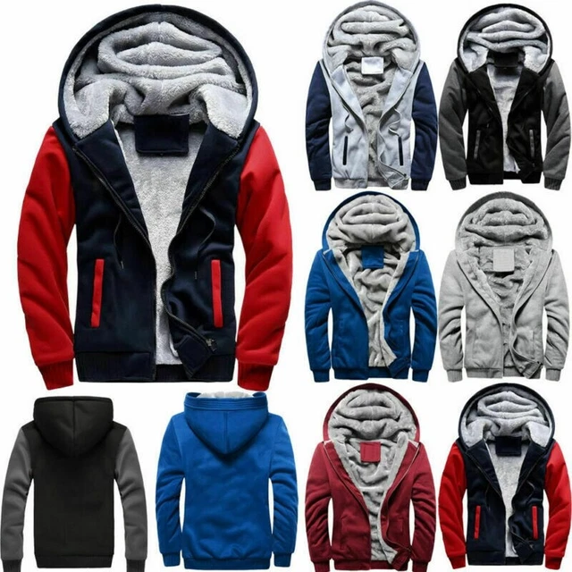 Winter Mens Warm Thick Coat Fleece Fur Lined Jacket Hoodie Zip Up Sweatshirt Top