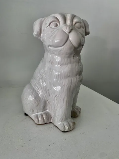 White Ceramic Pug Dog Figurine, 9” High