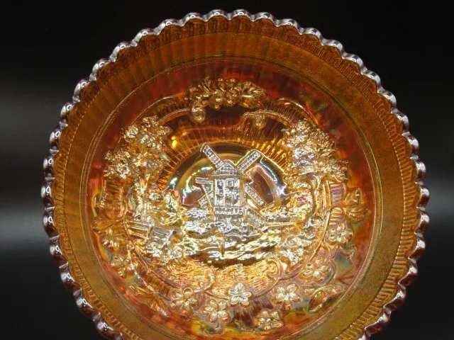 Imperial Glass Marigold Carnival Glass Bowl / Scalloped Edges / Windmill Pattern