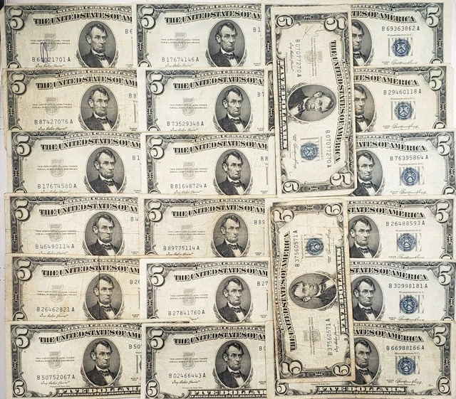 LOT OF 1953 $5 LINCOLN HEAD BLUE SEAL DOLLARS (SILVER CERTIFICATES) Fr#: 1655