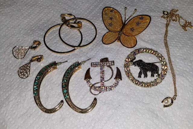 Lovely Elephant/Butterfly pin + Anchor /Horseshoe Pendant + 3 Lovely earrings