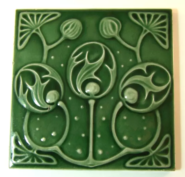Antique Victorian 6" Green Wall Fireplace Washstand Tile Floral Design c1880 VGC
