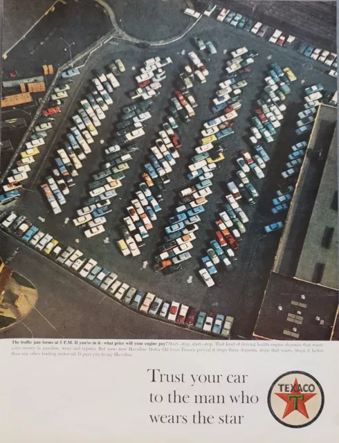 1963 Texaco Havoline Motor Oil Aerial View Parking Lot Print Ad