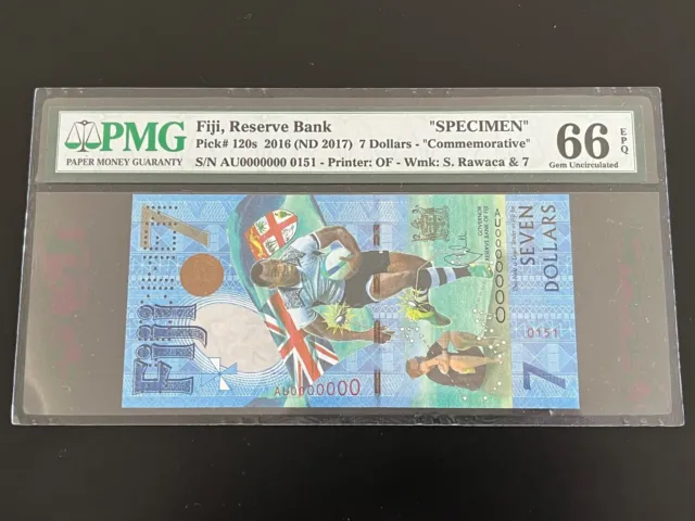 2016 (2017) Fiji 7 Seven Dollars Banknote Specimen Commemorative PMG 66 Graded