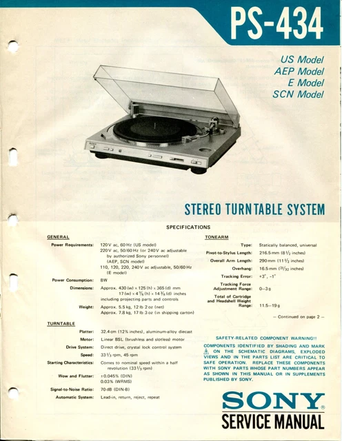 MANUEL D'ENTRETIEN DU système de platine tournante stéréo Sony modèle PS-434 EUR 9,21 - FR