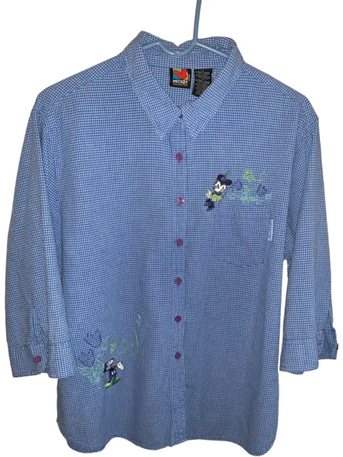 Mickey Unlimited Disney Mickey Minnie Mouse Button Up Blue Check Shirt Women XL