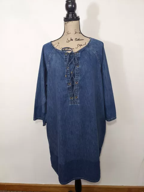 Ralph Lauren Denim Jean Lace Up Tie Shirt Dress Two Shades of Blue 3/4 Sleeve 2X