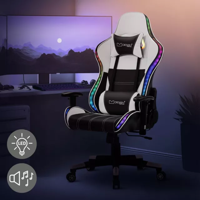 Chaise de jeu avec LEDs chaise de bureau blanc pivotante avec bluetooth boîtiers