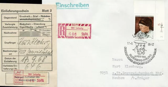 101709) DDR Blg mit Einschreib-Gebührenzettel 2, Leipzig mit SSt. Gutenberg