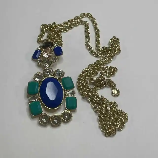 J. Crew JCREW necklace pendant Long gold tone jeweled signed jewelry teal blue