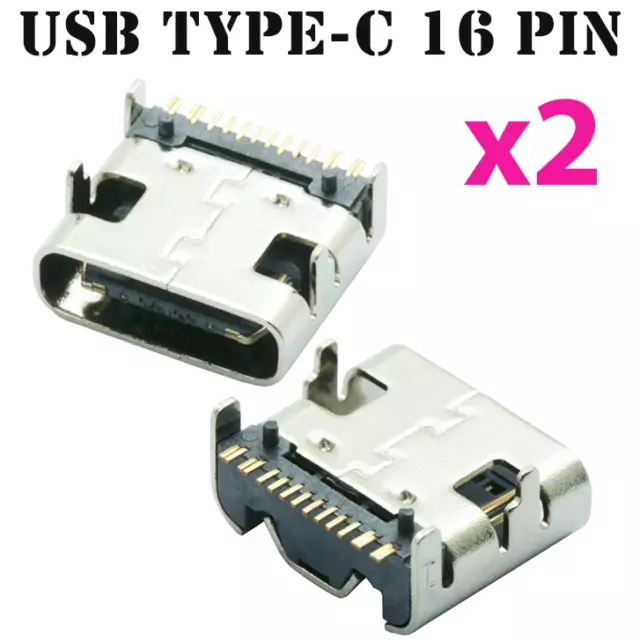 2X CONNECTEUR USB C Type-C Femelle 16 Pin Broches à souder Fiche