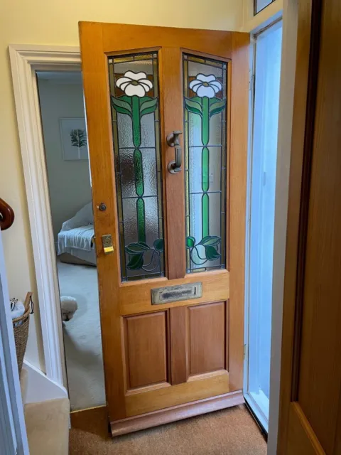 Solid Hardwood [Oak?] Victorian Style Stained Glass Front Door