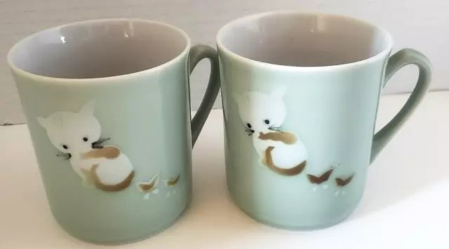 Pr Vintage Pale Blue Otagiri  Cat Kitty Coffee Tea Mugs Cups with Birds