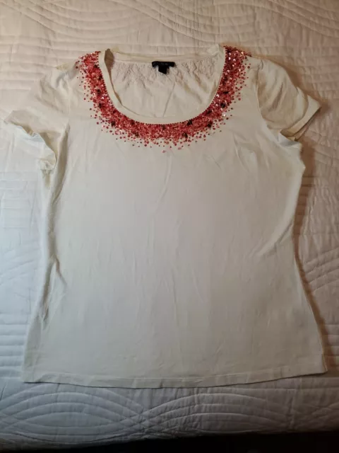 Lafayette 148 New York Women's White T-Shirt Red Embellished Short Sleeve Size L