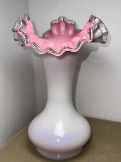 Fenton 1970's Milk Glass Overlay Country Rose Peach Crest Glass Vase Ruffled Rim 2