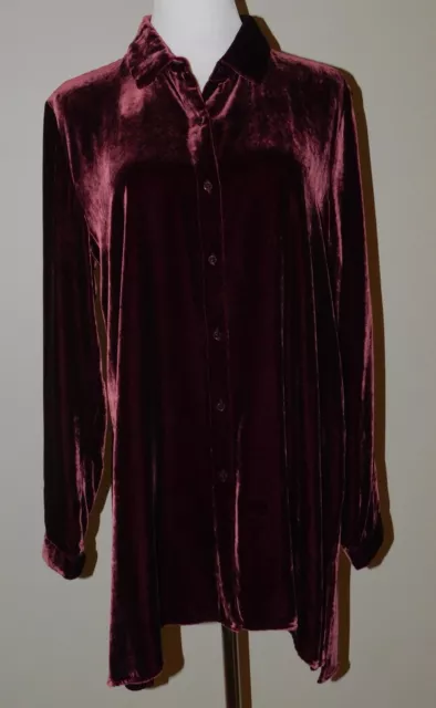 Eileen Fisher Sz XS Collar Long Shirt Dk Cranberry Silk Velvet Tunic $278