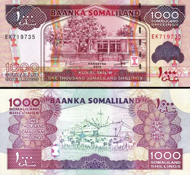 Banknote - 2014 Somaliland 1000 Shillings P20c UNC Building (F) Ship dockside(R)