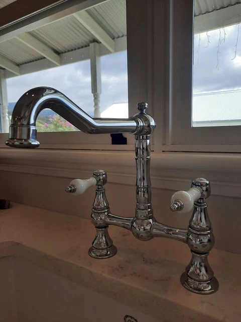 1901 Provincial Chrome Kitchen Bridging Taps with Porcelain handles