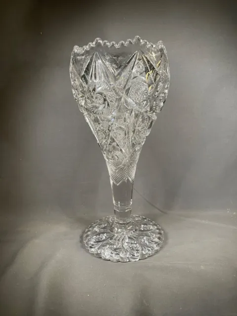 Vtg Large Pressed Glass Fluted Vase Clear Diamond Scalloped Edge 12" 4047