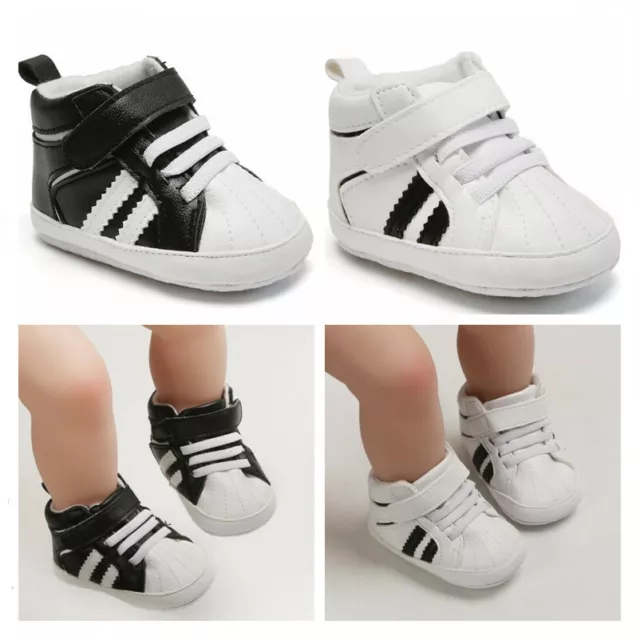 Newborn Baby Boy Girl Pram Shoes Infant White Black Sneakers Pre Walker Booties