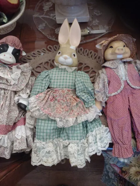 Set of 3 Vintage  Ceramic Head Country Farmhouse Dolls/Decor/ Cow, Pig & Bunny