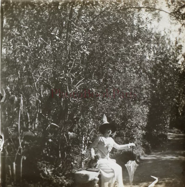 FRANCE Femme à l'ombrelle Mode c1900 Photo Stereo Plaque de verre V26L8n