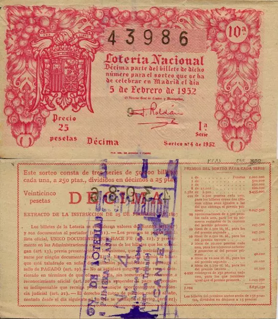 Año 1952. 25 Pts. Décima parte del billete. 5 de Febrero. Sorteo Nº 4. 1ª Serie.