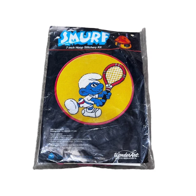 Kit de bordado de aro de 7 pulgadas WonderArt pitufos jugando tenis de colección NUEVO SELLADO