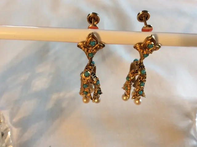 Vintage 14k Gold Mobile Chandelier Earrings Shell Turquoise And Cultured Pearls