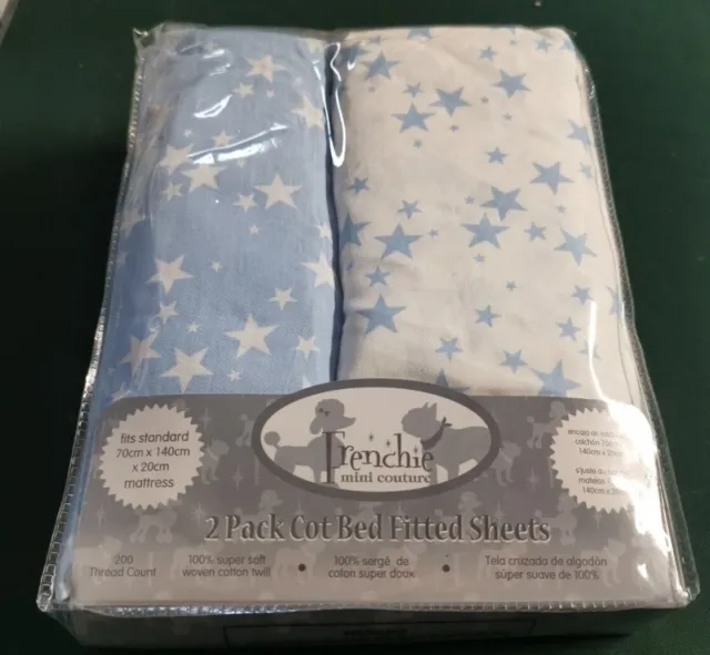 Pk Of 2 Cot Bed Fitted Sheets  Frenchie Mini Couture 100% Cotton Blue NEW