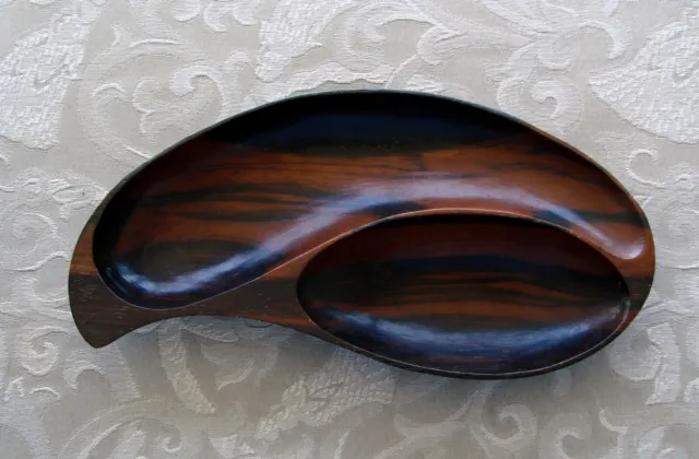 Vintage Mid 20th Century Hand Carved Two Section Divided Solid Wood Oval Bowl