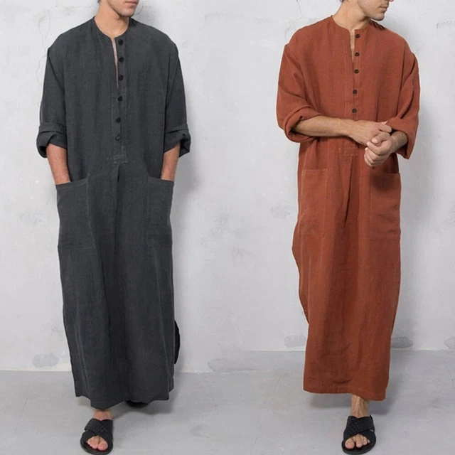 CAMDOM Abito Uomo Arabo in Lino Thobe Lungo con Collo