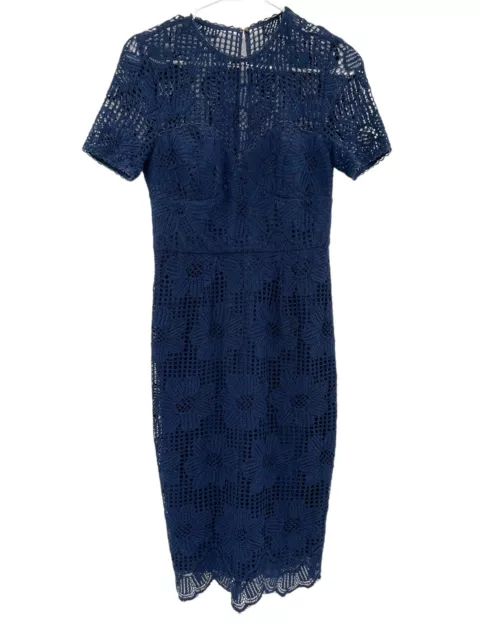 Trina Turk Women's Navy Blue Lace Sheath Dress Short Sleeve Back Zip Size 2