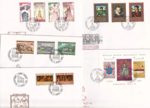 Liechtenstein, 9 verschiedene FDC mit dem kompletten Jahrgang 1985