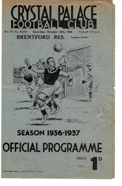 Crystal Palace v Brentford Reserves Programme 24.10.1936