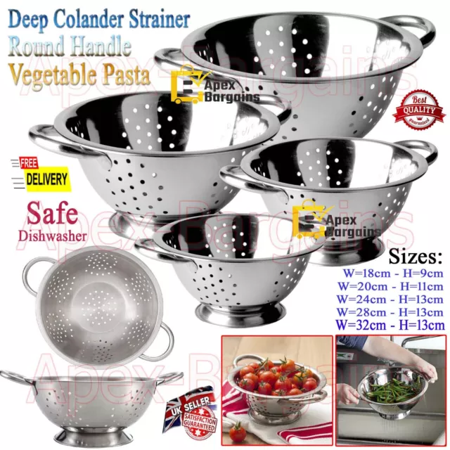 18/20/34cm Stainless Steel Deep Colander Strainer Handle Kitchen Vegetable Pasta