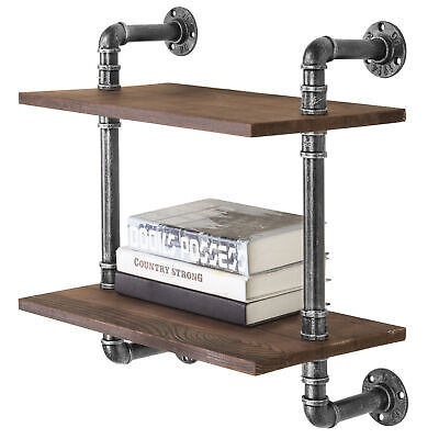 MyGift 17 Inch Black Metal Pipe and Rustic Brown Wood 2 Tier Wall Mounted Shelf