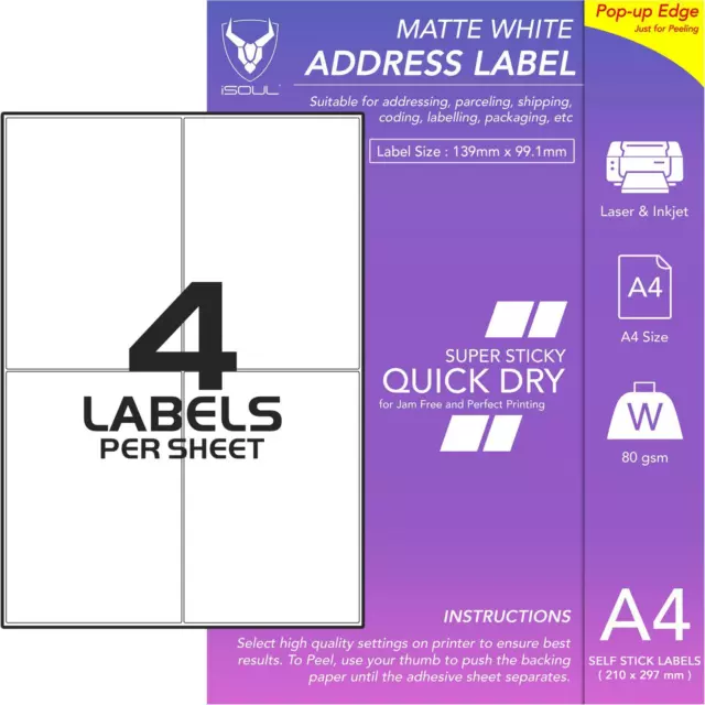 4 Labels Per A4 Sheet Matt Self Adhesive Sticky Address Labels QuickDry