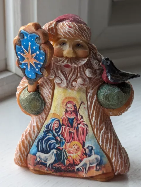 G DeBrekht Santa Claus with Nativity Holy Family & Bird  Christmas Figurine 4"