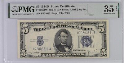 1934D $5 Silver Certificate Fr#165Wi Wide I (UA Block)SN U72803511A PMG 35 VF
