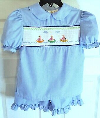 Rosalina Little Girl's Smocked Embroidered Sailboat Top & Short Set-Size-5-NWT