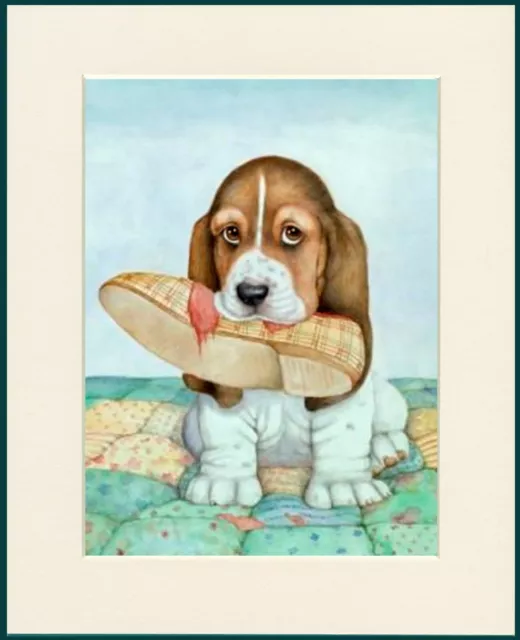 Basset Hound Charming Puppy Dog Print Mounted Ready To Frame Dog & Slipper