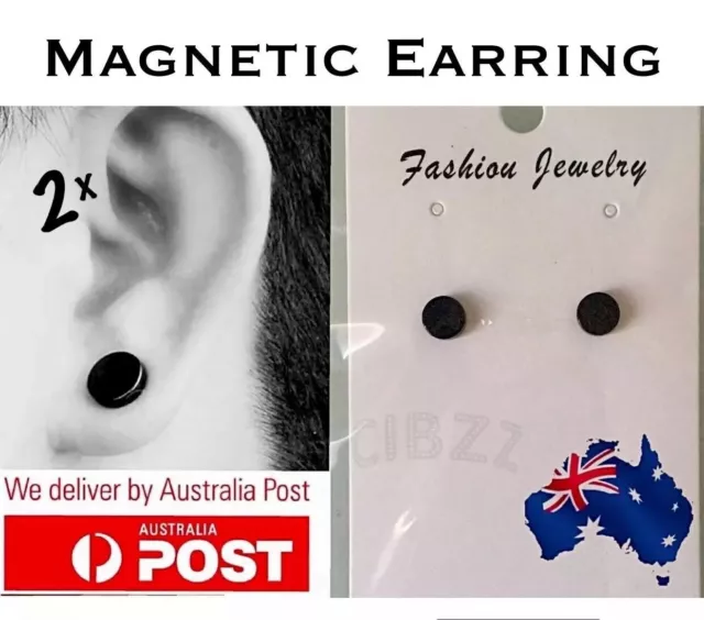 2x Magnetic Ear Stud Mens No Piercing Instant Earrings Jewellery 6mm Round BLACK