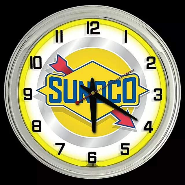 16" Sunoco Vintage Sign Yellow Neon Clock Gasoline Motor Oil Gas Man Cave Garage