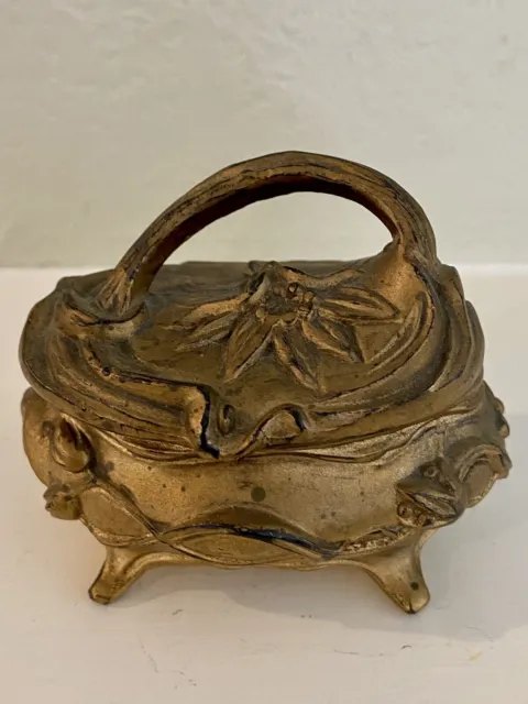 Antique Art Nouveau Jewelry Trinket Box Gold Metal Footed Victorian Water Lily