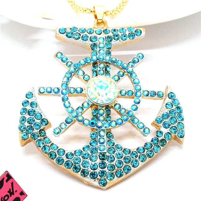 Hot Betsey Johnson Blue Bling Pirate Ship Rudder Crystal Pendant Chain Necklace